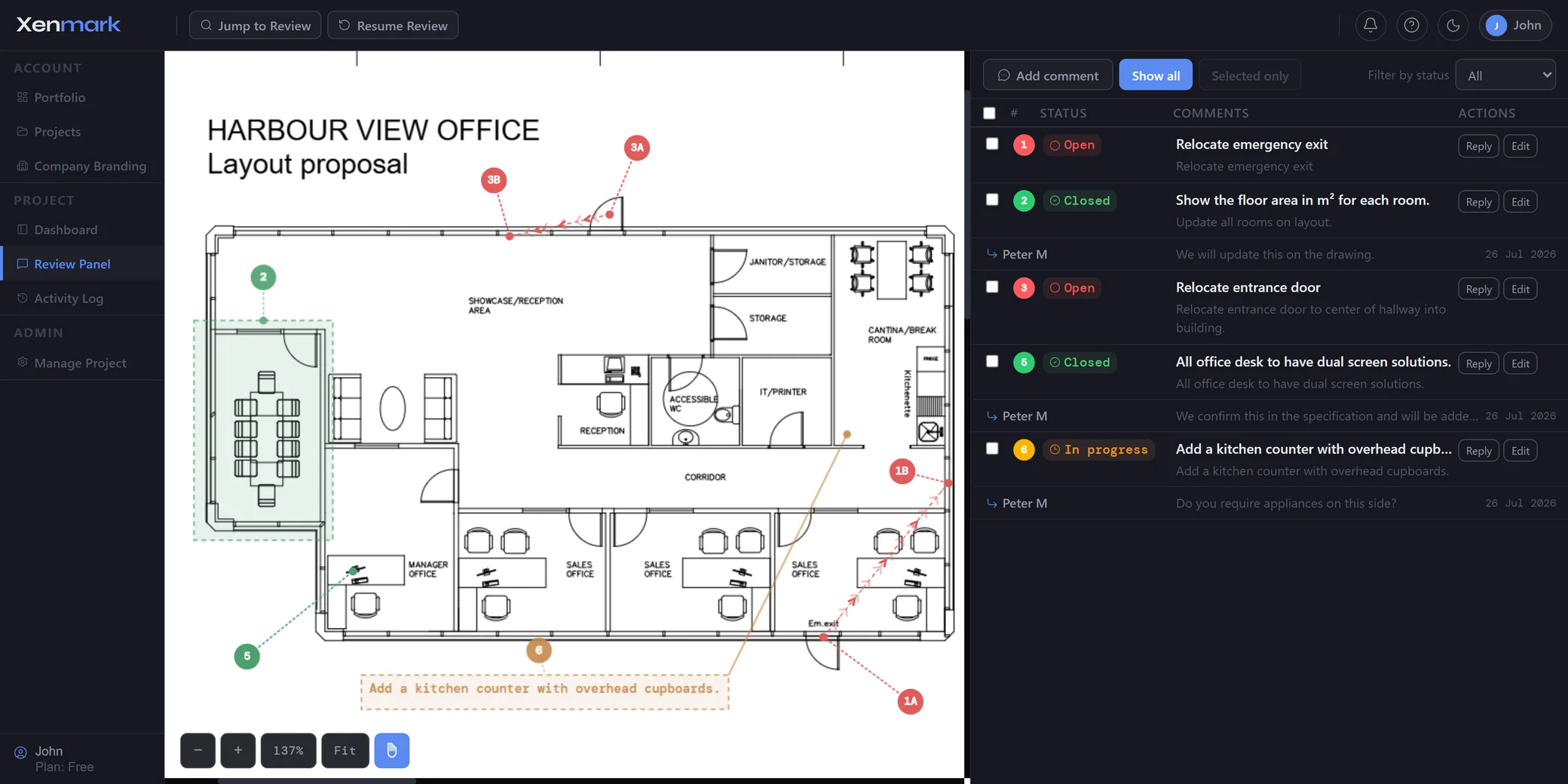 Xenmark Review Panel showing the Harbour View Office floor plan with six numbered pin comments and their status list