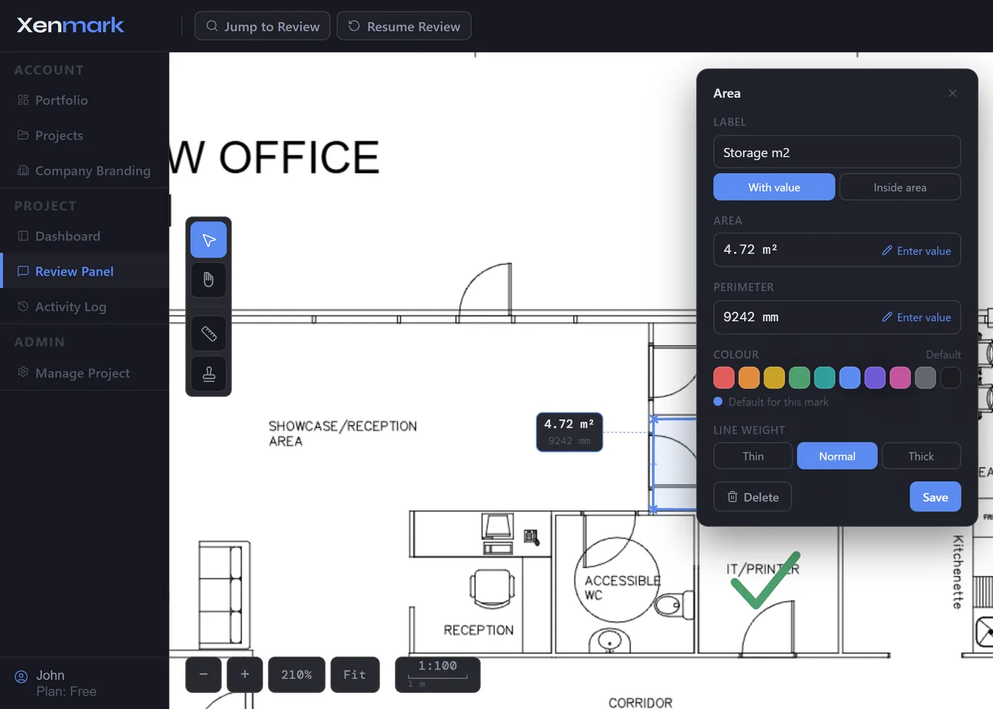 The Xenmark Area tool measuring a storage space on an office floor plan, with a check symbol on an adjacent room